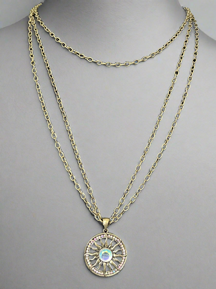 Gold Sun Necklace and Short Layered Leather