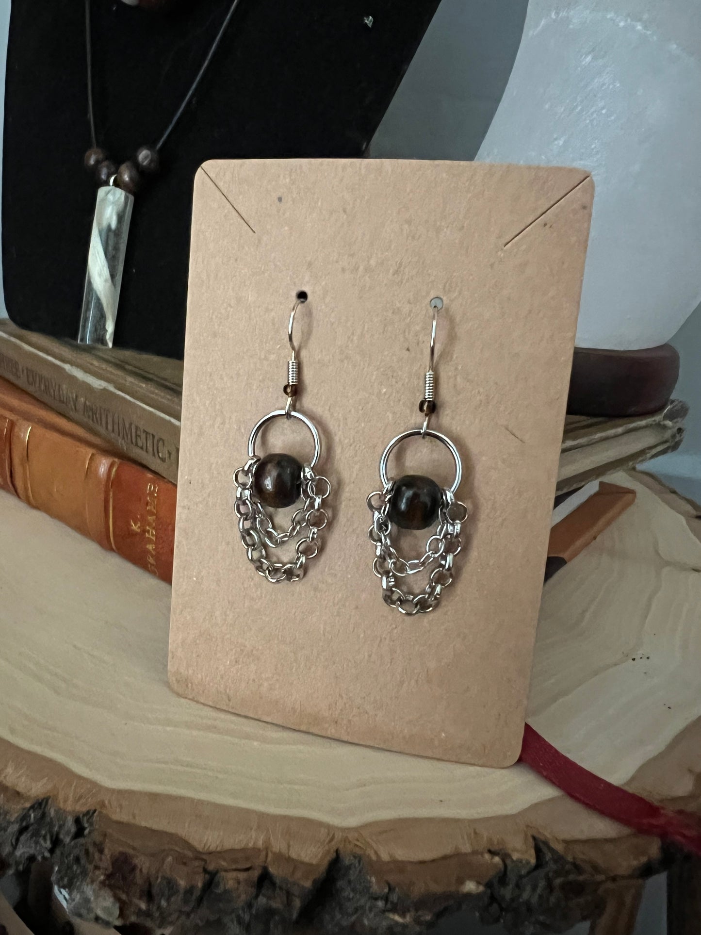 Hoop Earrings with Wood Bead and Chains