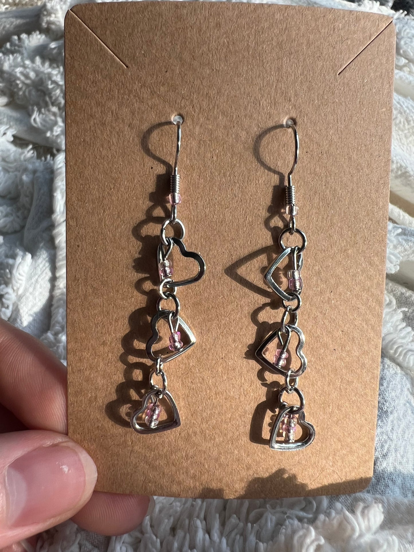 Silver Heart Earrings with Pink Accents