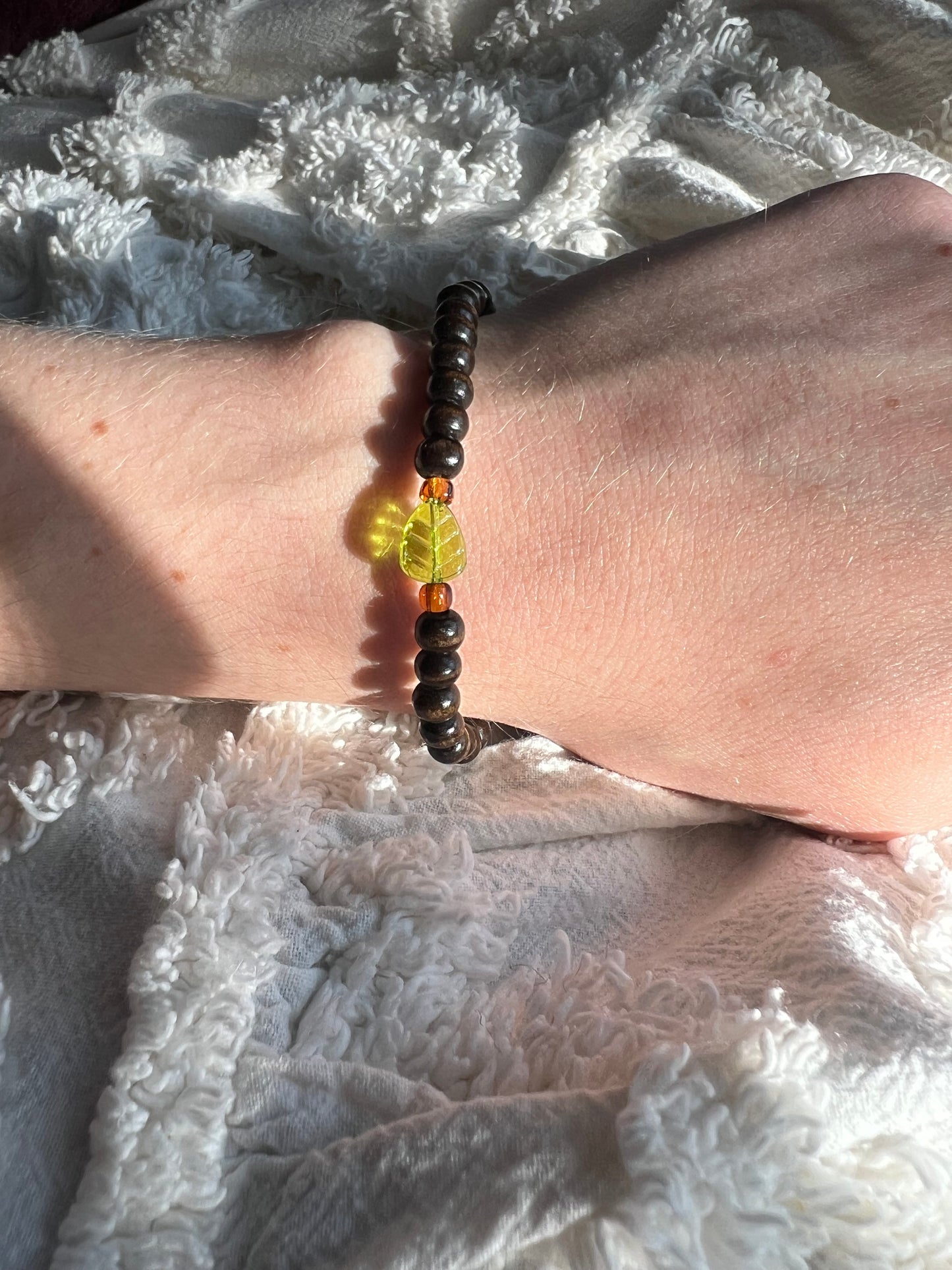 Wood Bracelet with Glass Leaf