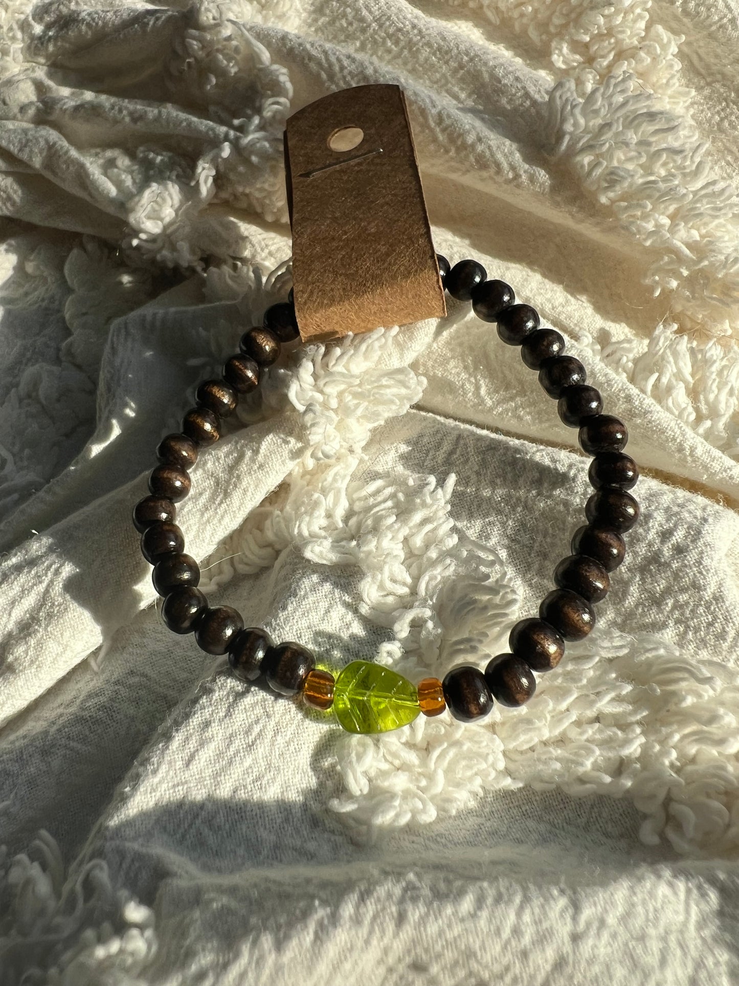 Wood Bracelet with Glass Leaf