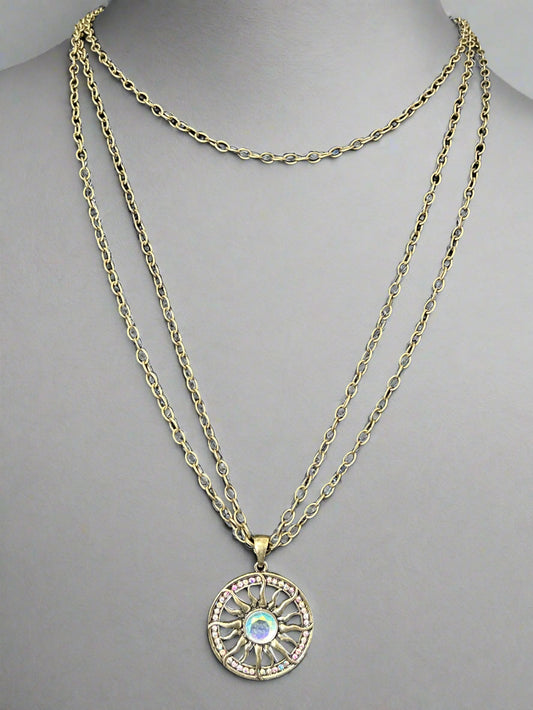 Gold Sun Necklace and Short Layered Leather