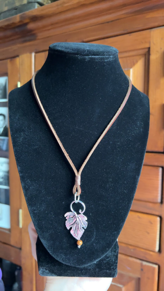 Leather Necklace with Metal Leaf