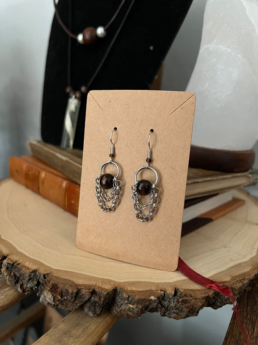 Hoop Earrings with Wood Bead and Chains