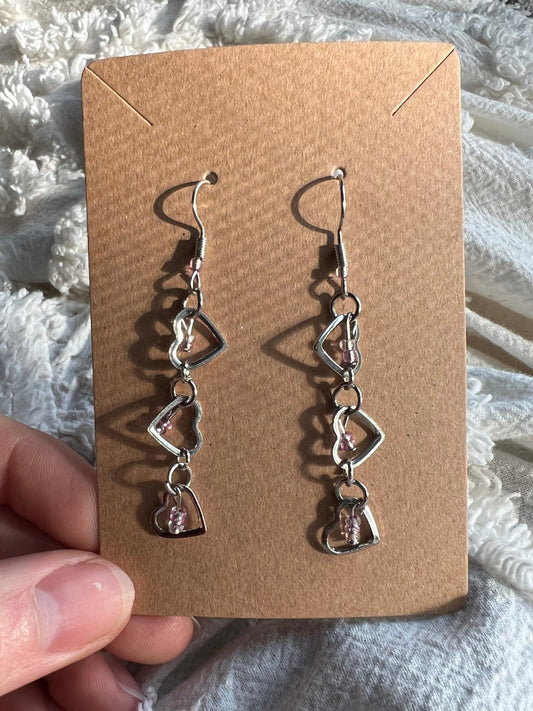 Silver Heart Earrings with Pink Accents