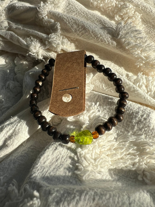 Wood Bracelet with Glass Leaf